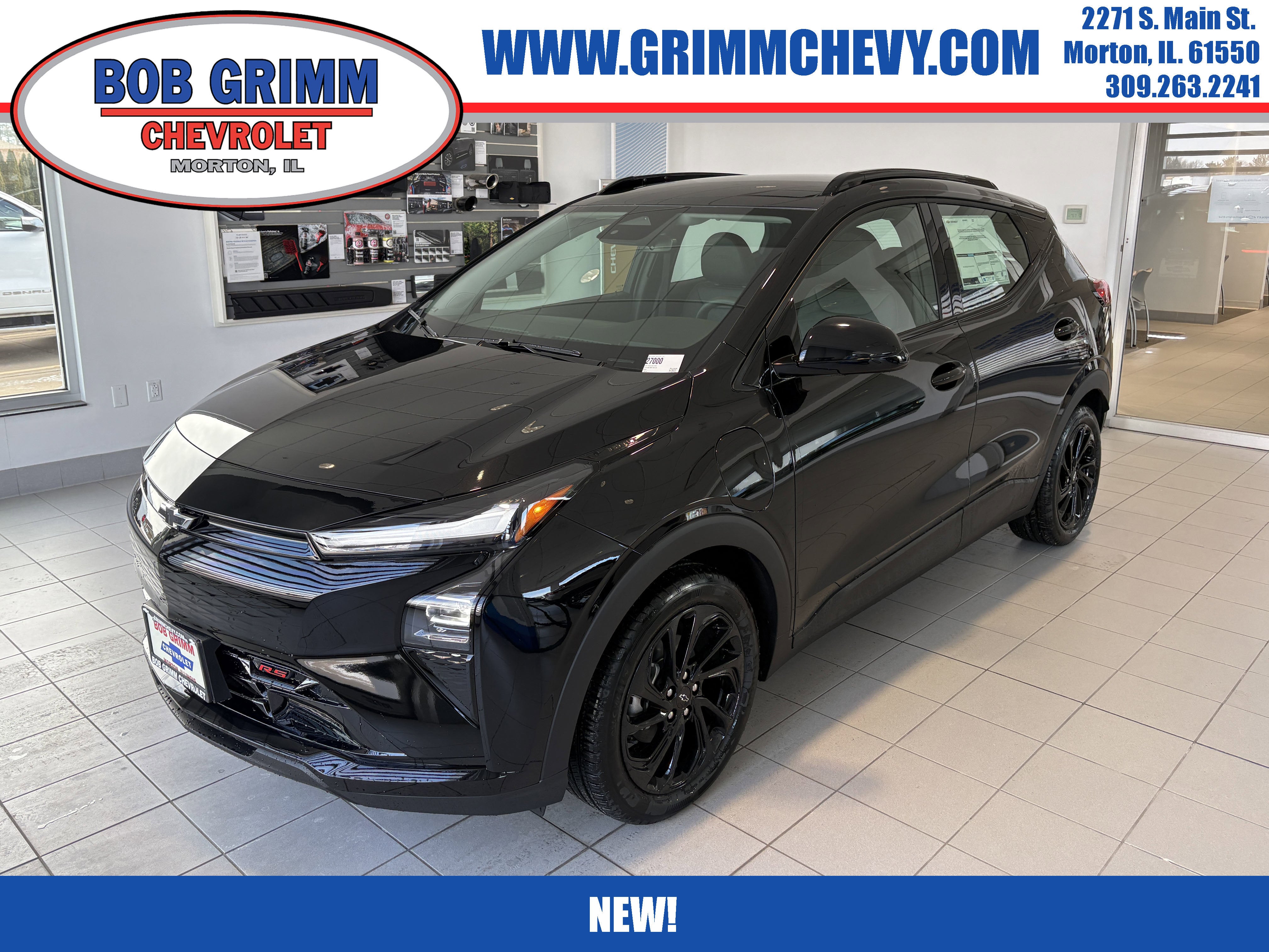 2027 Chevrolet Bolt RS in Mosaic Black Metallic — front three-quarter view