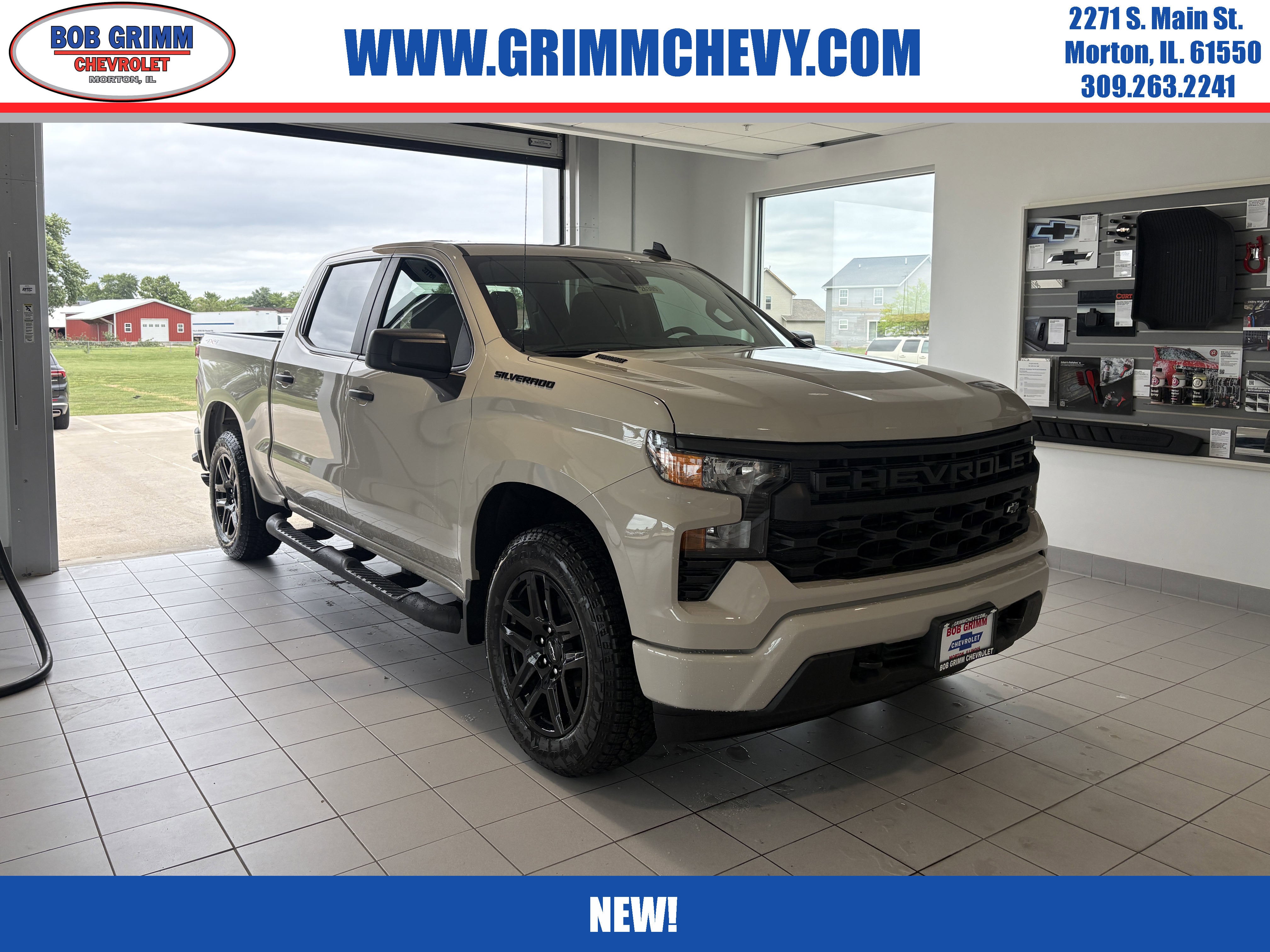 2026 Chevrolet Silverado 1500 Custom in White Sands — front three-quarter view