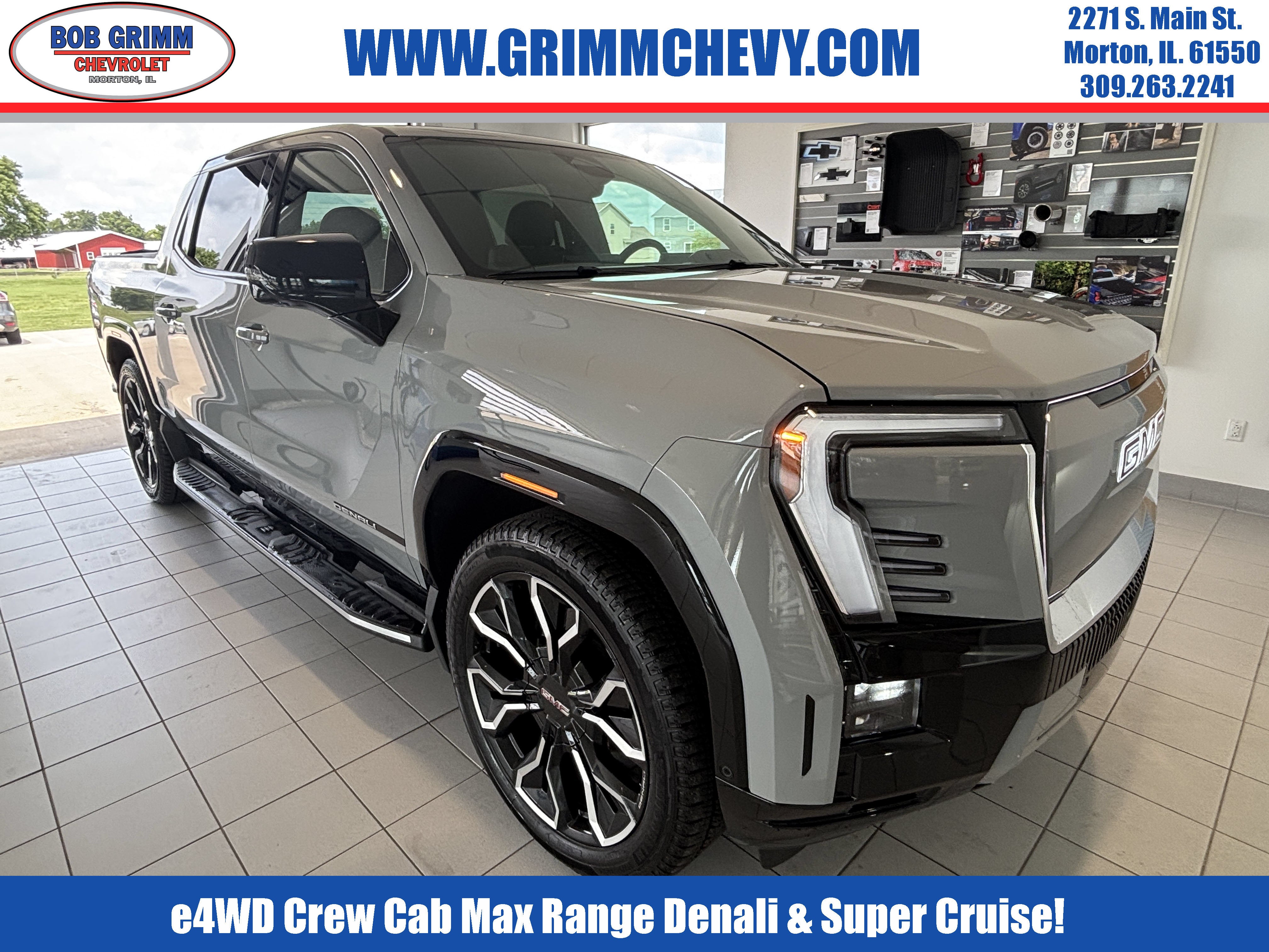 2026 GMC Sierra EV Denali Max Range in Thunderstorm Gray — front three-quarter view