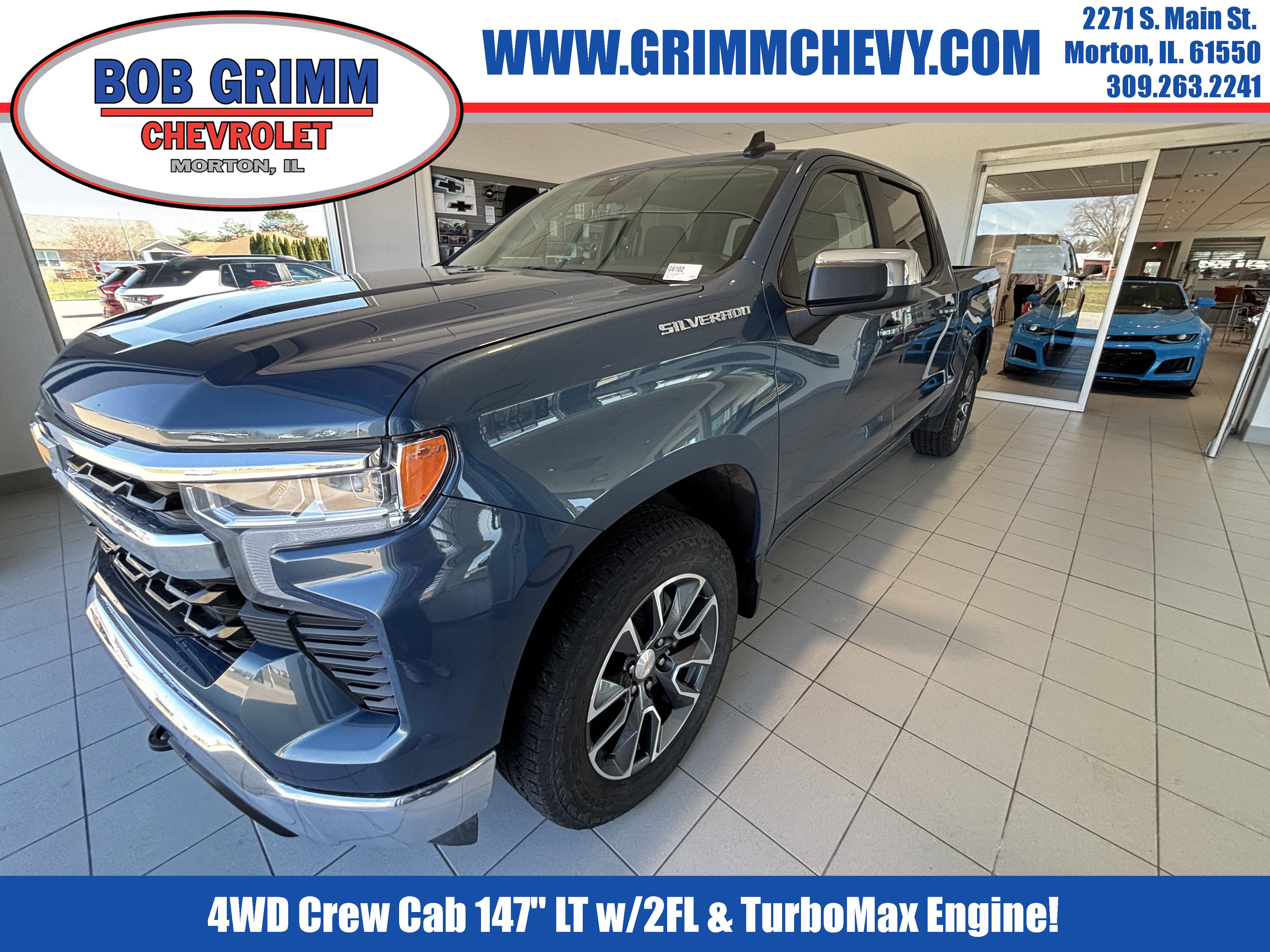 2024 Chevrolet Silverado 1500 LT (2FL) in Lakeshore Blue Metallic — front three-quarter view